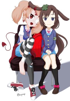  2025 2girls bandaid bandaid_on_knee bandaid_on_leg barefoot black_socks blonde_hair blue_skirt blue_sweater blue_vest brown_hair brown_shoes capinep ch4i chair clover_hair_ornament demon_horns devil_girl foot_focus hair_ornament horns indie_virtual_youtuber jacket katabasis kikipyonpyon loli multiple_girls number_four pointy_ears red_eyes red_jacket red_shoes shirt shoes sitting skirt socks striped_clothes striped_sock striped_socks sweater vest white_background white_eyepatch white_shirt 