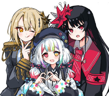  3girls :d ;q armband beret black_hair black_jacket black_shirt blunt_bangs closed_mouth commentary_request epaulettes flower hair_flower hair_ornament hasumi_leia hat heart heart_hands heterochromia jacket jogasaki_noah long_hair long_sleeves looking_at_viewer mahou_shoujo_no_majo_saiban multi-tied_hair multicolored_hair multiple_girls neck_ribbon necktie nifuji nikaido_hiro one_eye_closed open_mouth paint_chat_(medium) red_armband red_eyes red_necktie ribbon shirt short_hair sidelocks smile streaked_hair tongue tongue_out upper_body white_background white_hair yellow_eyes 