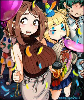  2boys 2girls absurdres balloon blonde_hair blue_sailor_collar blue_skirt blurry blurry_background boku_no_hero_academia bottle breasts bright_pupils brown_cardigan brown_eyes brown_hair cardigan cigarette closed_eyes collared_shirt commentary condom condom_belt confetti cum dress_shirt english_commentary facepaint foreshortening freckles frown green_hair hat highres holding holding_bottle holding_cigarette ice_pack large_breasts long_sleeves looking_to_the_side medium_hair messy_hair midoriya_izuku mineta_minoru miniskirt motion_blur multiple_boys multiple_girls neckerchief open_mouth pants party_hat pleated_skirt red_neckerchief sailor_collar shirt skirt sleeveless sleeveless_turtleneck snegovski standing sweater thick_eyebrows toga_himiko turtleneck turtleneck_sweater uraraka_ochako used_condom wavy_mouth white_pupils white_shirt 