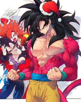  black_hair blue_eyes blue_sash closed_mouth dougi dragon_ball dragon_ball_gt gloves gogeta highres long_hair male_focus metamoran_vest monkey_boy monkey_tail multiple_boys muscular muscular_male ommmyoh open_mouth pants red_fur saiyan sash smile son_goku spiked_hair super_saiyan super_saiyan_4 tail twitter_username vegeta wristband yellow_pants 