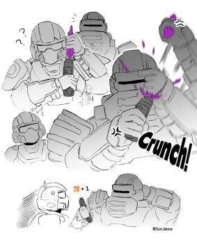  2others ? ?? anger_vein bulletproof_vest cape commentary crystal english_commentary helldiver_(helldivers) helldivers_(series) helmet highres multiple_others scratching_head sorjanna sound_effects surprised sweatdrop wrist_computer 