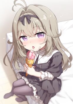  1girl antenna_hair bed_sheet black_dress black_hairband blush brown_hair brown_pantyhose commentary_request dress ezoshika food frilled_dress frills hair_between_eyes hairband holding holding_food ice_cream ice_cream_cone long_hair looking_at_viewer meitantei_precure! moria_luluka multiple_scoops no_shoes pantyhose parted_lips pleated_dress precure purple_eyes sexually_suggestive sitting solo tongue tongue_out very_long_hair 