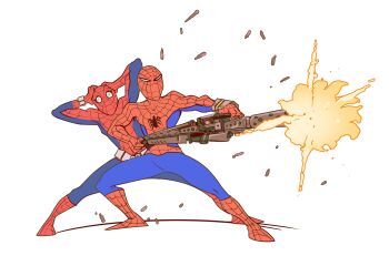  2boys absurdres alien_(series) animal_print belt blue_bodysuit bodysuit caseless_firearm covered_face dual_persona electronic_firearm explosion finger_on_trigger firing gun hands_on_own_head heavy_machine_gun highres holding holding_gun holding_weapon m56_smartgun machine_gun marvel mask multicolored_bodysuit multiple_boys peter_parker phil_dragash print_bodysuit red_bodysuit shell_casing skin_tight spider-man spider-man_(series) spider-man_(toei) spider_print sunrise superhero_costume surprised two-tone_bodysuit utility_belt weapon web_shooter white_background yamashiro_takuya 