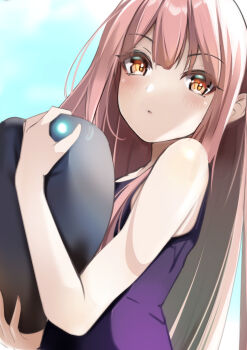  1girl 1other absurdres animal animal_hug commentary_request heaven_burns_red highres holding kunimi_tama long_hair narby_(heaven_burns_red) natsuki_(muravito) orange_hair pink_hair slime_(creature) swimsuit 