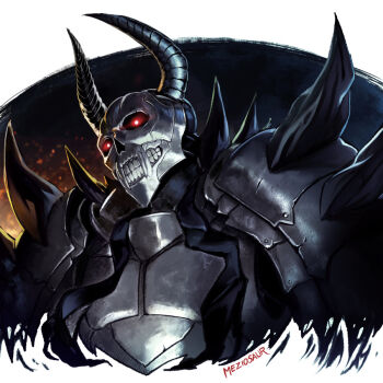  1boy armor artist_name cropped_torso death_knight_(fire_emblem) fire_emblem fire_emblem:_three_houses full_armor glowing glowing_eyes horns male_focus meziosaur nintendo solo 