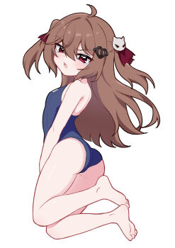  1girl absurdres ahoge ass barefoot blue_one-piece_swimsuit blush breasts broken_heart broken_heart_hair_ornament brown_hair evil_neuro-sama from_behind full_body hair_between_eyes hair_ribbon heart highres loli long_hair neuro-sama one-piece_swimsuit open_mouth red_eyes red_ribbon ribbon simple_background small_breasts solo swimsuit teardrop two_side_up vedal_ai virtual_youtuber white_background xiaomacroz 