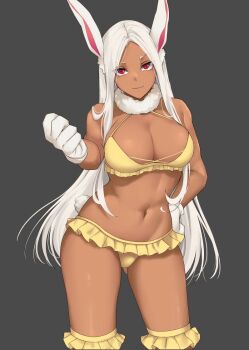  1girl animal_ears bikini bikini_skirt boku_no_hero_academia breasts cleavage closed_mouth commentary commission cowboy_shot dark-skinned_female dark_skin fur_choker gloves grey_background hand_on_own_hip kauru00 large_breasts long_hair looking_at_viewer mirko navel parted_bangs rabbit_ears rabbit_girl red_eyes simple_background smile standing stomach swimsuit white_gloves white_hair yellow_bikini 