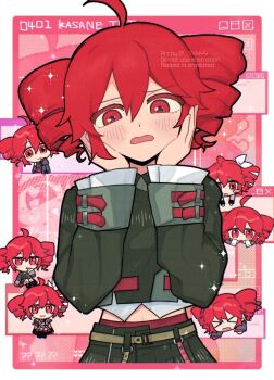  >_< 6+girls :3 :d ? ?? ahoge belt black_shirt black_skirt blush blush_stickers border brown_belt character_name chibi chibi_inset chromatic_aberration clone collared_shirt colored_eyelashes double-parted_bangs drill_hair facing_viewer frilled_sleeves frills hair_between_eyes halftone halftone_background hands_on_own_cheeks hands_on_own_face hands_up hashtag-only_commentary heart kasane_teto kasane_teto_(sv) kasane_teto_(utau) kasane_teto_(voicepeak) long_sleeves looking_at_another looking_at_viewer looking_down midriff multiple_girls multiple_persona open_mouth outside_border puffy_long_sleeves puffy_sleeves red_eyes red_hair red_trim shirt short_hair sidelocks single_blush_sticker skirt smile solo_focus straight-on synthesizer_v takamiya_yuu tareme twin_drills upper_body utau voicepeak white_border window_(computing) zoom_layer 