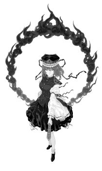  1girl absurdres breasts buttons closed_mouth expressionless frilled_hat frilled_sleeves frilled_socks frills full_body greyscale hair_between_eyes hat high_collar highres holding long_sleeves medium_breasts medium_hair monochrome ribbon-trimmed_skirt ribbon_trim ritual_baton shiki_eiki shoes simple_background skirt sleeve_ribbon socks solo standing tansuyuli touhou vest white_background wide_sleeves 