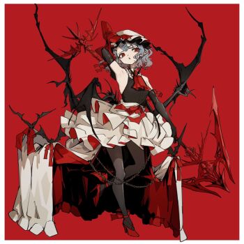  1girl alternate_costume anderson_m0311 armpits ascot bat_(animal) bat_wings black_gloves black_shirt blue_hair brooch brown_pantyhose commentary elbow_gloves full_body gloves hat high_heels highres holding holding_polearm holding_weapon jewelry looking_at_viewer medium_hair mob_cap open_mouth pantyhose pointy_ears polearm red_ascot red_background red_eyes red_shoes remilia_scarlet shirt shoes simple_background skirt sleeveless sleeveless_shirt solo spear spear_the_gungnir touhou weapon white_skirt wings 