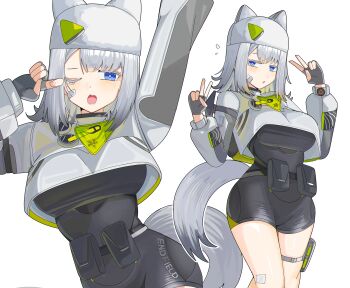  1girl absurdres animal_ears arknights arknights:_endfield bandaid bandaid_on_cheek bandaid_on_face blue_eyes breasts cat_girl cat_tail commentary double_v english_commentary estella_(arknights) fingerless_gloves flying_sweatdrops gloves hands_up highres large_breasts multiple_views one_eye_closed open_mouth simple_background spam_(spamham4506) tail v white_background 