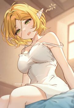 1girl arm_support artist_name bare_shoulders blonde_hair breasts commentary covered_navel feet_out_of_frame green_eyes indoors large_breasts manggwi55 nintendo on_bed open_mouth pointy_ears princess_zelda sitting sleepy solo squeans strap_slip symbol-only_commentary the_legend_of_zelda the_legend_of_zelda:_tears_of_the_kingdom rating:Sensitive score:19 user:danbooru