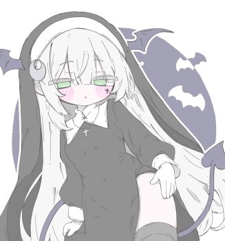  1girl :o bat_wings black_dress blush_stickers breasts commentary_request covered_navel cowboy_shot crescent crescent_hair_ornament cross cross_necklace demon_girl demon_tail dress facial_mark gloves green_eyes grey_thighhighs hair_between_eyes hair_ornament head_wings highres izumi_(yura_izumi) jewelry long_hair long_sleeves looking_at_viewer necklace no_pupils nun nun_headdress original pointy_ears side_slit small_breasts solo tail thighhighs white_gloves white_hair wings 