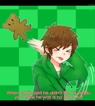  >_< 1boy animification antenna_hair brown_hair checkered_background commentary derivative_work drawstring edd_(eddsworld) eddsworld english_commentary english_text green_background green_hoodie hair_behind_ear hood hood_down hoodie letterboxed light_blush long_sleeves male_focus molechan motion_blur screenshot_redraw short_hair simple_background solo stuffed_animal stuffed_toy swept_bangs teddy_bear throwing tongue tongue_out upper_body 