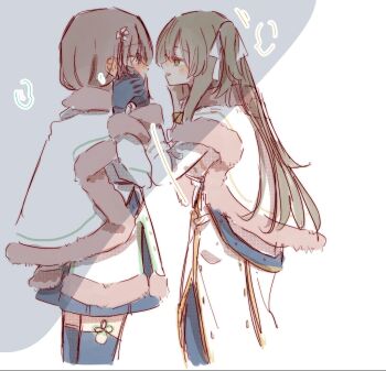  ... 2girls assault_lily black_gloves black_hair black_pantyhose black_thighhighs blush brown_hair capelet closed_mouth coat commentary cowboy_shot cropped_legs eye_contact face-to-face flower from_side fur-trimmed_capelet fur-trimmed_coat fur-trimmed_jacket fur-trimmed_sleeves fur_trim gloves green_eyes grey_background hair_between_eyes hair_flower hair_ornament hair_ribbon hand_grab hand_on_another's_cheek hand_on_another's_face hand_up highres jacket kuo_shenlin long_hair looking_at_another motion_lines multiple_girls nose_blush official_alternate_costume pantyhose profile ribbon rui_rui_rui0122 shade sidelocks smile speech_bubble spoken_ellipsis standing tassel tassel_hair_ornament thighhighs two-tone_background very_long_hair wang_yujia white_background white_capelet white_coat white_flower white_jacket white_ribbon winter_clothes yellow_eyes yuri 