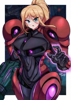  1girl arm_cannon armor black_armor blonde_hair blue_eyes border commentary_request cowboy_shot high_ponytail highres metroid metroid_prime_4:_beyond nintendo ponytail power_suit_(metroid) red_armor samus_aran solo vi-o-la_suit wakaba_(wata_ridley) weapon white_border 