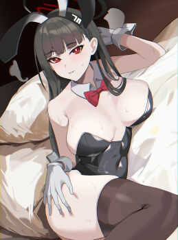  1girl absurdres animal_ears black_thighhighs blue_archive blunt_bangs blush bow bowtie breasts commentary_request covered_navel detached_collar fake_animal_ears gloves grin halo highres large_breasts long_hair looking_at_viewer lying on_side playboy_bunny rabbit_ears red_bow red_bowtie red_eyes rio_(blue_archive) sabc02 smile solo sweat thighhighs white_gloves wrist_cuffs 