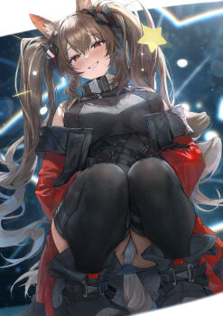  1girl akita_hika angelina_(arknights) animal_ear_fluff animal_ears arknights arknights:_endfield bare_shoulders black_thighhighs blush breasts brown_hair coat coat_partially_removed commentary_request dress fox_ears fox_girl gilberta_(arknights) grey_dress hair_between_eyes hair_intakes highres large_breasts long_hair looking_at_viewer off_shoulder open_clothes open_coat panties pantyshot red_coat red_eyes smile solo squatting star_(symbol) sweat thighhighs twintails underwear very_long_hair white_panties 