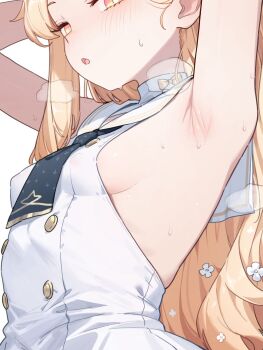  1girl :o arm_up armpit_crease armpits arms_up blonde_hair blue_archive blue_necktie blush bow breasts bright_pupils buttons covered_erect_nipples dress flower gradient_eyes hair_flower hair_ornament half-closed_eyes heavy_breathing heoningu highres loli long_hair looking_at_viewer multicolored_eyes necktie nose_blush open_mouth pink_eyes puff_of_air sailor_collar seia_(blue_archive) short_necktie sideboob simple_background sleeveless sleeveless_dress small_breasts solo steam sweat sweatdrop white_background white_dress white_pupils white_sailor_collar yellow_bow yellow_eyes  rating:Sensitive score:61 user:danbooru