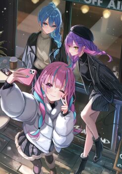  3girls ;) ahoge alternate_costume alternate_hairstyle aqua_hair beret black_bow black_hat black_jacket black_pantyhose black_skirt black_sweater blue_eyes blue_hair boots bow braid braided_ponytail brown_boots closed_mouth colored_inner_hair commentary day demon_girl demon_tail double-parted_bangs earrings english_commentary fur-trimmed_boots fur-trimmed_skirt fur_trim green_eyes grey_skirt hair_between_eyes hair_ornament hairclip half_crown_braid hat highres hololive hoop_earrings hoshimachi_suisei jacket jewelry lapels long_hair looking_at_penis low_twin_braids minato_aqua miniskirt multicolored_hair multiple_girls notched_lapels one_eye_closed outdoors pantyhose parallel_hairclips piercing pink_hair pinstripe_jacket pinstripe_pattern pinstripe_skirt plaid_clothes plaid_skirt pointy_ears pom_pom_(clothes) pom_pom_earrings purple_eyes purple_hair reaching reaching_towards_viewer ribbed_sweater sa-ya2 selfie skirt smile star_(symbol) star_in_eye startend_(hololive) streaked_hair sweater symbol_in_eye tail tail_ornament tail_piercing tokoyami_towa turtleneck turtleneck_sweater twin_braids two-tone_hair v virtual_youtuber white_jacket white_sweater 