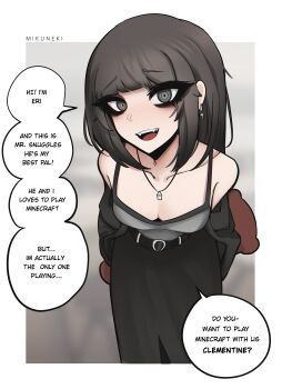  1girl absurdres artist_name belt black_belt black_eyeshadow black_skirt blurry blurry_background breasts camisole cleavage collarbone cross cross_earrings earrings english_text eyeshadow grey_camisole grey_eyes grey_hair highres jewelry leaning_forward long_hair makeup medium_breasts mikuneki necklace original skirt solo speech_bubble stuffed_animal stuffed_toy teddy_bear thick_eyelashes  rating:Sensitive score:39 user:danbooru