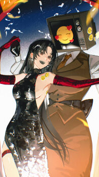  2girls black_eyes black_hair braun_(gwechul) breasts brown_skirt brown_vest commentary confetti dancing dress elbow_gloves english_commentary genderswap genderswap_(mtf) gloves gwechul halter_dress halterneck highres holding_hands kim_soleum long_hair multiple_girls necktie object_head open_mouth red_gloves red_pupils shirt side_slit skirt smile sticker television thigh_strap threemato very_long_hair vest white_shirt yuri 
