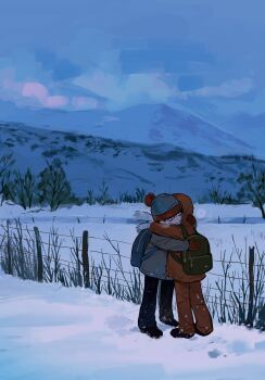  2boys backpack bag beanie black_shoes brown_jacket chun_baii closed_eyes commentary english_commentary facing_away gloves grey_pants hat highres hood hood_up hug jacket kenny_mccormick male_focus mountain multiple_boys orange_jacket orange_pants pants red_gloves scarf scenery shoes snow south_park stan_marsh striped_clothes striped_scarf 