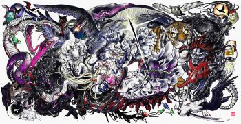  2girls absurdres aks_hongbai_heihuang animalization bat_(animal) bird black_footwear black_gloves black_hat blonde_hair bloomers blue_dress blue_hair boots bow bowtie bug butterfly cat center_frills character_request cross-laced_footwear crow dress fingerless_gloves fish flandre_scarlet flandre_scarlet_(bat) floating floating_hair fox fox_shadow_puppet frilled_dress frilled_sleeves frills frog futatsuiwa_mamizou futatsuiwa_mamizou_(tanuki) gap_(touhou) gloves goutokuji_mike goutokuji_mike_(cat) hair_bow hat hat_bow highres hinanawi_tenshi inaba_tewi inaba_tewi_(bunny) insect inubashiri_momiji inubashiri_momiji_(wolf) kaenbyou_rin kaenbyou_rin_(cat) kasodani_kyouko kasodani_kyouko_(yamabiko) knee_boots kudamaki_tsukasa kudamaki_tsukasa_(fox) kurodani_yamame kurodani_yamame_(spider) layered_dress leather leather_boots long_hair looking_at_another maneki-neko mob_cap moriya_suwako moriya_suwako_(frog) mouse_(animal) multiple_girls mystia_lorelei mystia_lorelei_(bird) nagae_iku nagae_iku_(fish) nazrin nazrin_(mouse) niwatari_kutaka niwatari_kutaka_(chicken) oarfish okunoda_miyoi_(whale) owl puffy_short_sleeves puffy_sleeves purple_tabard rabbit red_bow red_bowtie red_eyes reisen_udongein_inaba reisen_udongein_inaba_(bunny) reiuji_utsuho reiuji_utsuho_(bird) remilia_scarlet remilia_scarlet_(bat) shameimaru_aya shameimaru_aya_(crow) shirt short_sleeves snake spider sword_of_hisou tabard tanuki tiger toramaru_shou toramaru_shou_(tiger) touhou toyosatomimi_no_miko toyosatomimi_no_miko_(owl) underwear whale white_bloomers white_dress white_hat white_shirt wolf wriggle_nightbug wriggle_nightbug_(bug) yakumo_ran yakumo_ran_(fox) yakumo_yukari yamabiko yasaka_kanako yasaka_kanako_(snake) yatagarasu yellow_eyes 