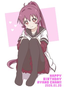 1girl ahoge black_pantyhose black_sailor_collar blush character_name child commentary_request dated dress full_body happy_birthday head_tilt heart highres knees_to_chest long_sleeves looking_at_viewer nanamori_school_uniform no_shoes pantyhose pixel_art pleated_dress ponytail purple_eyes purple_hair red_dress sailor_collar school_uniform serafuku shirt sitting smile solo sugiura_ayano white_background white_shirt yuru_kaze yuruyuri