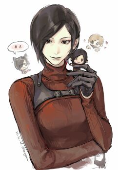  1boy 1girl ada_wong animal_ears arr0ganz_777 black_gloves black_hair blonde_hair breasts brown_eyes cat_ears chest_harness chibi chibi_inset closed_mouth commentary crossed_arms dated english_commentary gloves harness highres leon_s._kennedy medium_breasts parted_bangs red_sweater resident_evil resident_evil_4 resident_evil_4_(remake) short_hair smile sunglasses sweater turtleneck turtleneck_sweater twitter_username upper_body wavy_mouth white_background 