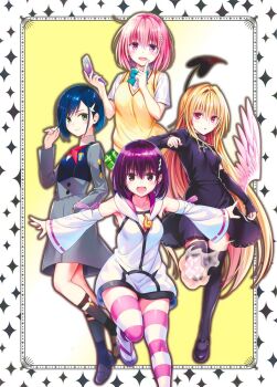  4girls :d ahoge ayakashi_triangle bird_wings black_cat_(series) black_dress blonde_hair blue_hair bob_cut bow bowtie cellphone cover creator_connection cross darling_in_the_franxx demon_tail detached_sleeves dress dress_shirt dress_shoes eve_(black_cat) flip_phone flower_hairpin full_body gradient_background green_eyes hair_ornament hairpin hand_in_pocket hands_up highres holding holding_phone hood hoodie ichigo_(darling_in_the_franxx) index_finger_raised kanade_suzu kneehighs leg_up long_hair mary_janes momo_velia_deviluke multiple_girls official_art okobo open_mouth origami parasite_dress_uniform_(darling_in_the_franxx) parted_lips phone pink_eyes pink_hair plaid_clothes plaid_skirt platform_sandals playing_with_own_hair purple_eyes purple_hair red_eyes sainan_high_school_uniform sandals school_uniform shikigami shirt shoes skirt sleeveless sleeveless_hoodie smile socks standing standing_on_one_leg star_(symbol) star_symbol_background sweater_vest tail thighhighs to_love-ru to_love-ru_darkness to_love-ru_darkness_2nd very_long_hair wide_hips wings yabuki_kentarou 