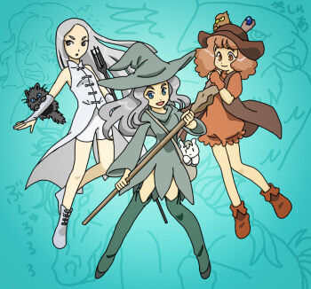  3girls animal animal_on_arm animal_on_head bag blue_eyes boots bridal_gauntlets brown_eyes brown_hair dress female_focus fingerless_gloves gandalf genderswap genderswap_(mtf) gloves grey_eyes grey_hair hat holding holding_weapon long_hair matching_hair/eyes middle_earth multiple_girls no_socks on_head radagast saruman shoes shorts shoulder_bag sleeveless staff tabino the_lord_of_the_rings tolkien's_legendarium tolkien's_legendarium very_long_hair weapon wizard wizard_hat 