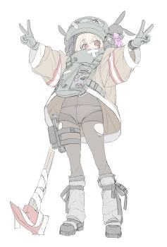  1girl absurdres axe blonde_hair bodystocking boots bow bow_panties covered_mouth double_v floating_clothes from_below gloves helmet highres holster jacket long_sleeves looking_at_viewer loose_socks nine_(kanine41) original panties red_eyes simple_background socks thigh_holster thighhighs torn_bodystocking torn_clothes underwear v white_background wide_sleeves 