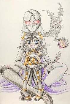 child demon demon_girl digimon digimon_(creature) ladydevimon lilithmon mark_of_evil mask playing_games playing_video_games traditional_media valentine wings