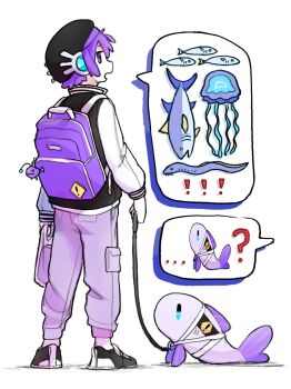  1girl backpack bag black_hat black_shoes black_vest commentary dalasquil english_commentary fish from_behind full_body hat highres holding holding_leash jellyfish leash long_sleeves looking_at_viewer looking_back open_mouth pants purple_eyes purple_hair purple_pants shirt shoes short_hair simple_background solo standing utane_uta utau vest white_background white_shirt 