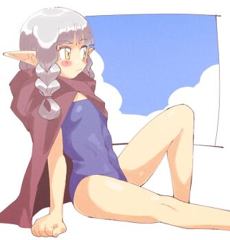  1girl alternate_costume blue_one-piece_swimsuit blue_sky blush_stickers braid brown_cloak cloak cloud cloudy_sky dragon's_crown elf elf_(dragon's_crown) feet_out_of_frame full_body highres inkerton-kun knee_up one-piece_swimsuit pointy_ears sitting sky solo swimsuit twin_braids yellow_eyes 