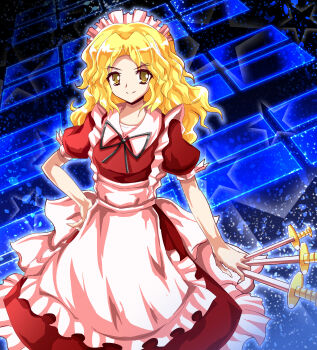  1girl absurdres alphes_(style) black_bow black_bowtie blonde_hair bow bowtie commentary_request dress frills hair_ornament highres holding holding_sword holding_weapon kazakome long_hair maid maid_headdress makai_(touhou) parody puffy_short_sleeves puffy_sleeves red_dress short_sleeves smile solo star_(symbol) style_parody sword touhou touhou_(pc-98) weapon yellow_eyes yumeko_(touhou) 