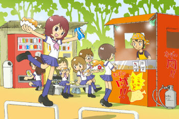  1girl balancing boned_meat duplicate food food_stand kabiinyo_(kab) meat original pixel-perfect_duplicate school_uniform serafuku vending_machine yatai 