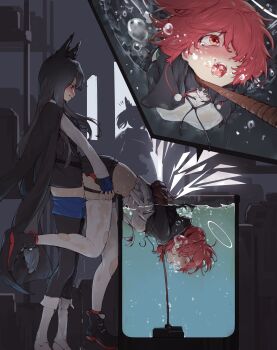  3girls absurdres air_bubble animal_ears arknights artist_collaboration asphyxiation black_jacket black_pantyhose black_shoes blue_gloves blue_shorts blush bubble clothed_sex clothing_aside coat commentary detached_wings dildo drowning energy_wings english_commentary exusiai_(arknights) exusiai_the_new_covenant_(arknights) gloves halo highres indoors jacket long_hair long_sleeves master117 medium_hair multiple_girls navel open_mouth pantyhose pantyhose_under_shorts pink_hair pleated_skirt red_eyes red_hair rope rope_around_neck rou_(rou22) ryona sex sex_from_behind sex_toy shadow shoes shorts shorts_aside skindentation skirt sora_(arknights) stomach strap-on sweat tail teeth texas_(arknights) texas_the_omertosa_(arknights) thighhighs torn_clothes torn_thighhighs traditional_halo very_long_hair walk-in water wet wet_clothes white_halo white_thighhighs wings wolf_ears wolf_girl wolf_tail yuri zettai_ryouiki 