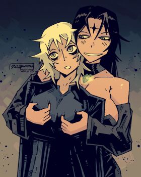  absurdres artist_logo bags_under_eyes bare_shoulders black_dress black_hair black_sleeves blonde_hair breasts centuria_(manga) chest_jewel dark_background dated detached_sleeves double_breast_grab dress elstri_(centuria) facial_mark forehead_mark grey_eyes helem_(centuria) highres large_breasts logo long_hair medium_hair parted_lips sky_hawkins small_breasts smile yuri 