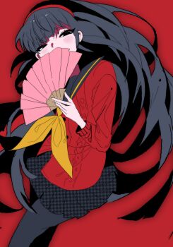  1girl absurdres amagi_yukiko black_hair black_pantyhose black_sailor_collar covering_own_mouth hairband hand_fan highres holding holding_fan jacket long_hair looking_at_viewer neckerchief pantyhose persona persona_4 red_background red_hairband red_jacket sailor_collar school_uniform solo waka_o3o yasogami_school_uniform yellow_neckerchief 