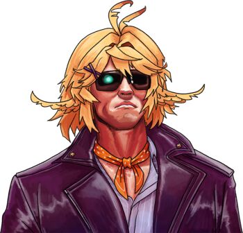  1boy agito666 ahoge aqua_shirt arnold_schwarzenegger black_jacket blonde_hair commentary cosplay dokibird dokibird_(cosplay) english_commentary indie_virtual_youtuber jacket male_focus medium_hair neckerchief open_clothes open_jacket orange_neckerchief shirt solo sunglasses terminator_(series) transparent_background virtual_youtuber 