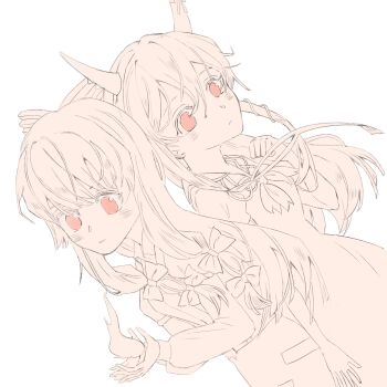  2girls absurdres arm_garter back-to-back bow bowtie clenched_hand closed_mouth collared_dress collared_shrug commentary_request cowboy_shot dot_nose dress dutch_angle ex-keine eyelashes fire fujiwara_no_mokou hair_bow hair_ribbon highres horn_ornament horn_ribbon horns juliet_sleeves kamishirasawa_keine lapels light_blush long_dress long_hair long_sidelocks long_sleeves looking_ahead looking_at_viewer miaoliang01075 monochrome multiple_girls multiple_hair_bows notched_lapels ofuda ofuda_on_clothes pants pinafore_dress puffy_long_sleeves puffy_short_sleeves puffy_sleeves pyrokinesis red_eyes ribbon short_sleeves shrug_(clothing) sidelocks simple_background sleeveless sleeveless_dress spot_color suspenders touhou very_long_hair white_background 