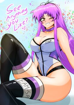  1girl absurdres breasts cleavage commentary eiyuu_densetsu english_commentary hair_ribbon highres james_(sirjames079) kuro_no_kiseki_(series) large_breasts long_hair looking_at_viewer one_eye_closed parted_bangs purple_hair race_queen renne_(eiyuu_densetsu) ribbon simple_background smile thighhighs thighs yellow_eyes 