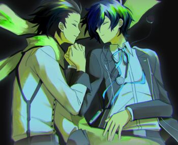  2boys arm_up belt belt_buckle black_background black_hair black_pants black_trim blue_hair blue_ribbon buckle closed_eyes collared_shirt hair_behind_ear hashtag-only_commentary headphones headphones_around_neck holding_hands jacket layered_sleeves long_shirt long_sleeves male_focus mochizuki_ryouji multiple_boys neck_ribbon pants parted_bangs persona persona_3 renyarrh ribbon scarf shirt shirt_tucked_in sleeve_cuffs suit_jacket suspenders white_shirt wing_collar yellow_scarf yuuki_makoto_(persona_3) 