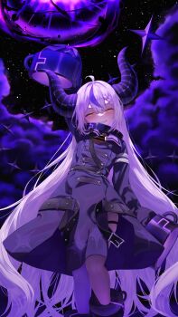 1girl absurdly_long_hair absurdres arm_up black_sky blush casting_spell coat commentary_request demon_girl demon_horns grin hair_between_eyes highres hololive horns la+_darknesss la+_darknesss_(1st_costume) long_hair looking_at_viewer pantyhose purple_coat purple_hair purple_pantyhose ramuneru sky sleeves_past_fingers sleeves_past_wrists smile solo very_long_hair virtual_youtuber yellow_eyes 