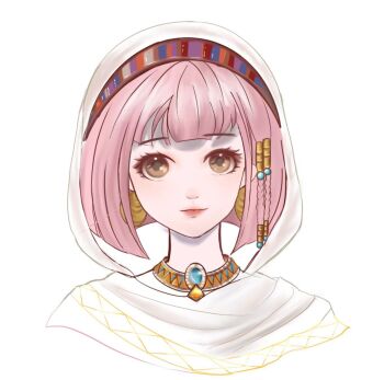  1girl beads blue_gem blunt_bangs blunt_ends bob_cut braid brown_eyes chinese_commentary cloak closed_mouth coat commentary_request cropped_torso earrings expressionless eyelashes gem gold_earrings gold_necklace hair_beads hair_ornament hair_tubes hairband highres hood hood_up hooded_cloak hoop_earrings infinity_nikki jewelry ling523564 lipstick looking_at_viewer makeup multicolored_hairband necklace nikki_(nikki) nikki_(series) nostrils pink_hair purifying_wind_(infinity_nikki) red_lips short_hair side_braids simple_background solo straight-on twin_braids white_background white_coat 