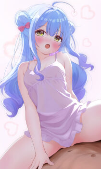  1boy 1girl :o ahoge arm_behind_back bare_arms bare_shoulders blue_hair blush bow breasts collarbone cowboy_shot curly_sidelocks double_bun dress hair_between_eyes hair_bow hair_bun hand_on_another's_chest head_tilt heart heart_background indie_virtual_youtuber kiyokura_meru_(vtuber) kudok87 long_hair long_sidelocks looking_at_viewer open_mouth pink_background red_bow short_dress sidelocks simple_background sitting sitting_on_person sleeveless sleeveless_dress small_breasts solo_focus spaghetti_strap straddling sundress thighs virtual_youtuber wavy_sidelocks white_dress yellow_eyes 