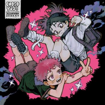  2boys aged_down backpack bag bandaid bandaid_on_knee bandaid_on_leg black_hair black_shirt character_name choso_(jujutsu_kaisen) copyright_name fangs full_body grey_shorts itadori_yuuji jujutsu_kaisen looking_at_another male_focus multiple_boys neg_50asu open_mouth pink_hair scar scar_on_face shirt shoes short_hair shorts smoke sneakers socks undercut v white_shirt 