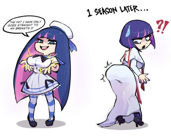  1girl absurdres alternate_hairstyle ass ass_conscious ass_envy before_and_after blue_eyes blunt_bangs breasts capelet cassock colored_inner_hair comedic_sweatdrop commentary dress english_commentary english_text from_behind full_body highres huge_ass large_breasts long_hair looking_back mosboru multicolored_hair panty_&amp;_stocking_with_garterbelt presenting_breasts short_hair simple_background standing stocking_(psg) stole surprised two-tone_hair very_long_hair white_background white_capelet white_dress 